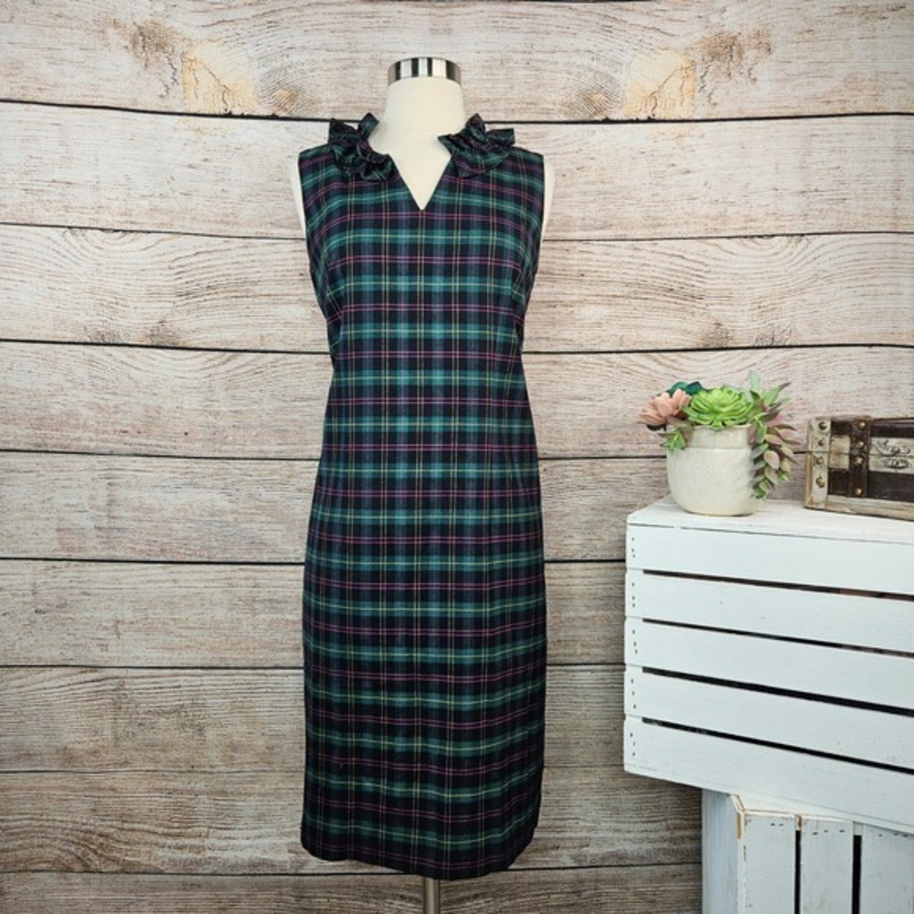 Talbots Women's Plaid Sleeveless Dress Ruffle Neck Career Casual Size 6